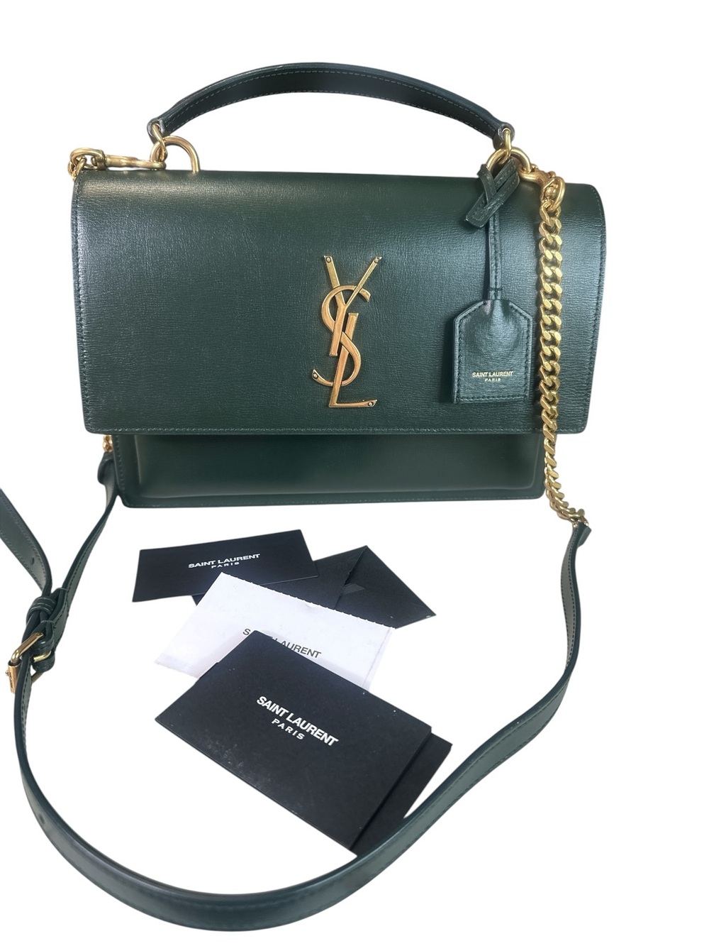 Yves Saint Laurent Dark Green Leather top handle Sunset Bag with Gold Hardware